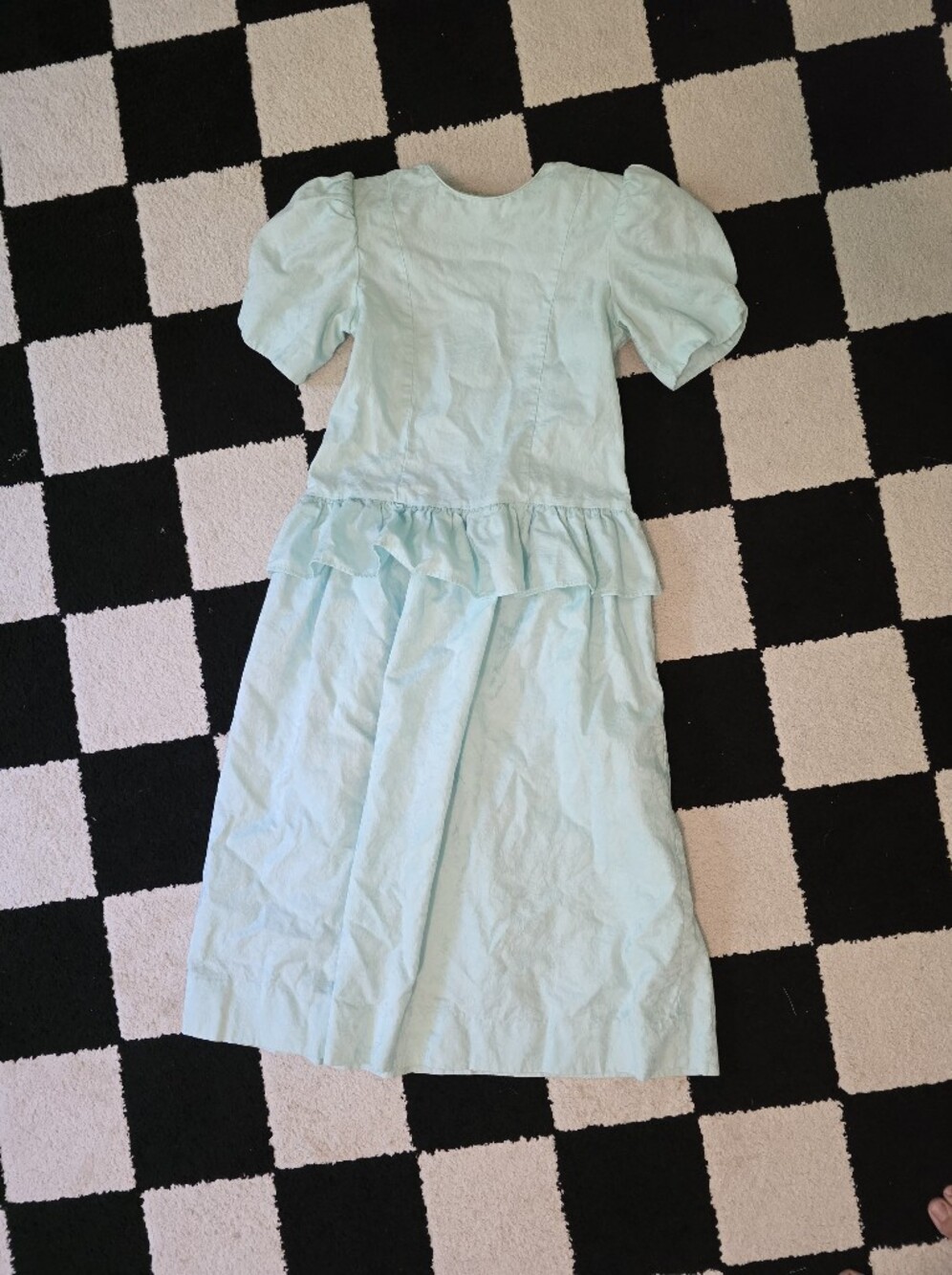 Vintage 80s Maggie Bree Girls 14 Light Blue Damask Dress Puff Sleeve Peplum USA